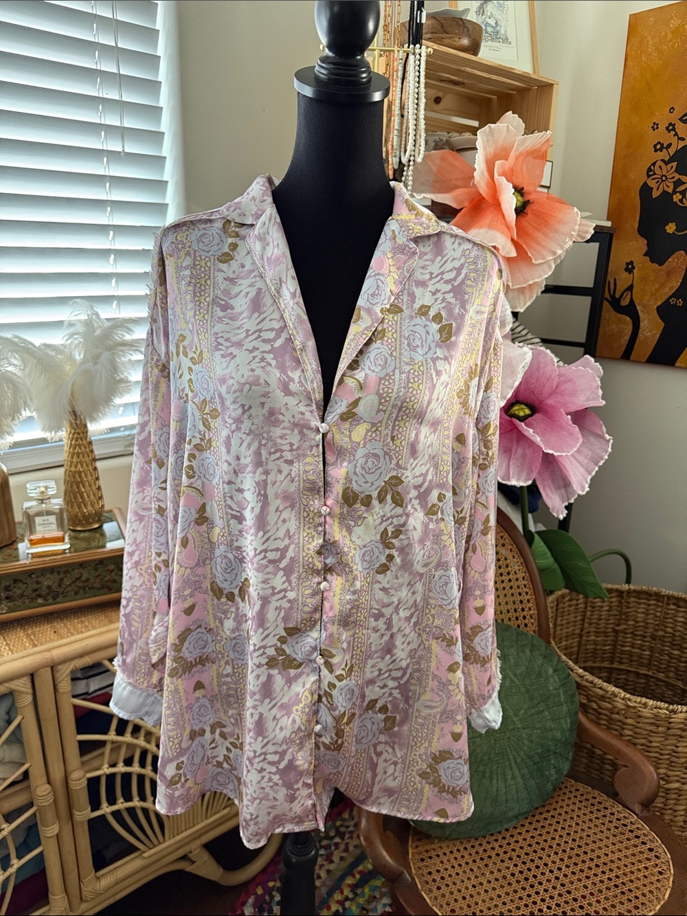 Free People Intimately Satin Pink Floral Paisley Button Up Boho Cottagecore Top